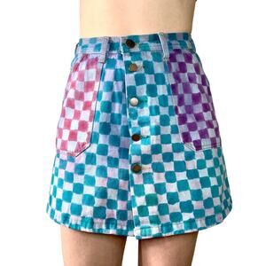 Hand Painted Checkerboard Vintage Denim Mini Skirt Reworked Blue Pink 29 Blue